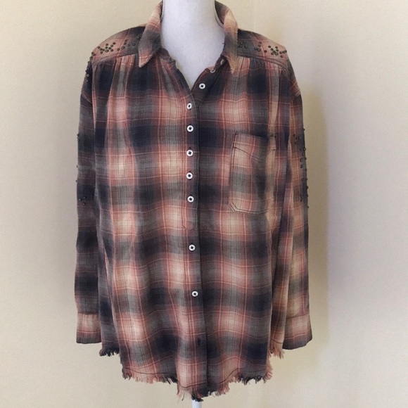 NWT! FREE PEOPLE indigo combo plaid size M top - Picture 1 of 8